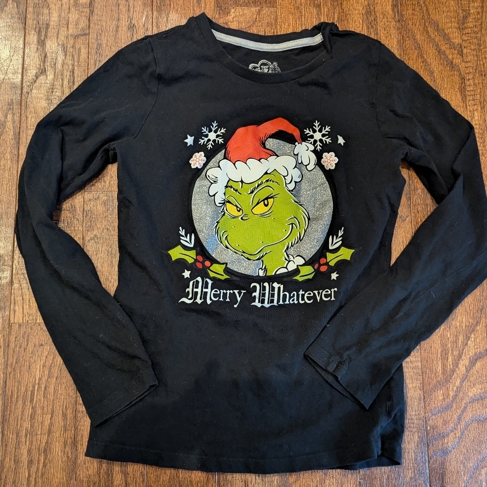 🍁Grinch Merry Whatever Black Graphic Tee with Heart Design Kids 10/12